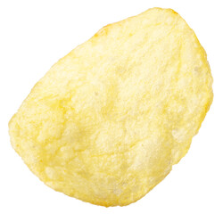 Single potato chip isolated on white background.