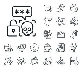 Ransomware threat sign. Cash money, loan and mortgage outline icons. Cyber attack line icon. Password cracking symbol. Cyber attack line sign. Credit card, crypto wallet icon. Vector