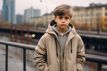 Fototapeta premium sad boy in a beige coat in the city