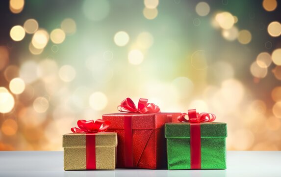 Golden, red and green gift boxes with ribbon bow tag over clorfull blurred bokeh background with lights. Christmas decor. Greeting festive image. Copy space