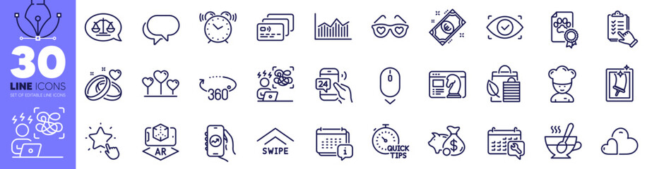 360 degrees, Biometric eye and Augmented reality line icons pack. Love heart, Card, Marriage rings web icon. Alarm clock, Euro money, Bio shopping pictogram. Difficult stress. Vector