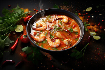 Tom Yum Soup. Sour-spicy soup with shrimp. Asian food. Promotional commercial photo