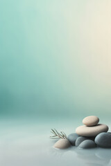 Calm - zen stones in milky water against a blurred turquoise, background with copy space - obrazy, fototapety, plakaty
