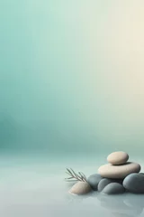 Store enrouleur tamisant Zen Calm - zen stones in milky water against a blurred turquoise, background with copy space