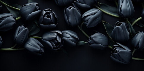 Black tulips on a black background in the style of simple, elegant compositions for mock up, background, backdrop