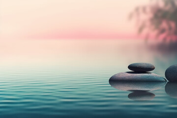 Fototapeta na wymiar Calm - zen stones reflecting in turquoise water against the pink horizon with a blur, background with copy space