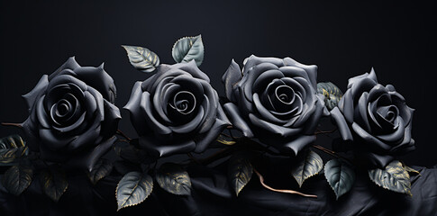 Fototapeta premium Black roses on a black background in the style of simple, elegant compositions for mock up, background, backdrop