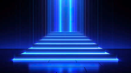 Blue neon light effect floor pathway. Generative Ai