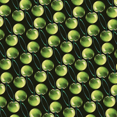 Pattern. Green cherries. Dark green background