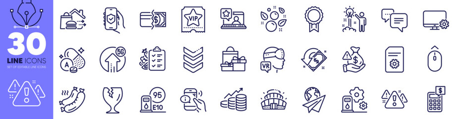 Bribe, Warning and Grilled sausage line icons pack. Augmented reality, Swipe up, Monitor settings web icon. Creative idea, Diet menu, Call center pictogram. Paper plane, Arena stadium. Vector