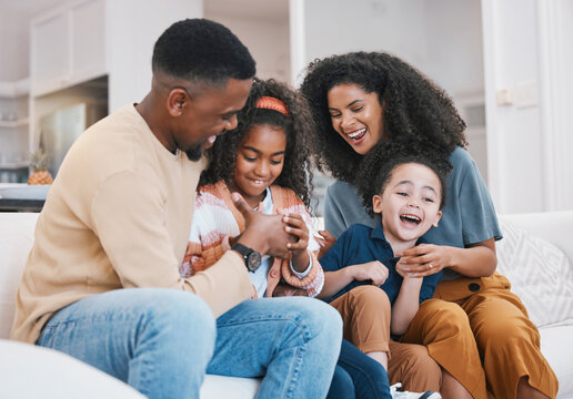 Thumb war, happy family and living room sofa with love, support and fun with parents and kids. Home, mother and father with children and funny joke on a lounge couch with black people and game