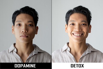 Young asian guy before and after dopamine detox. Return to happiness after depression