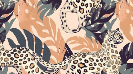 Modern exotic jungle illustration pattern with leopards. Creative collage contemporary floral seamless pattern. Fashionable template for design, Generative AI - obrazy, fototapety, plakaty