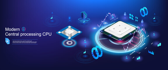 Futuristic processor with neon holographic backlight. Isometric processor with server for rendering or mining. The working process of modern powerful CPU chip. Presentation processor with hosting