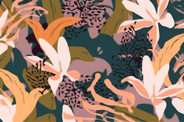 Obraz na płótnie Canvas Abstract jungle plants illustration pattern. Creative collage contemporary floral seamless pattern. Fashionable template for design, Generative AI