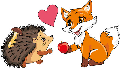 Baby fox gives an apple to a hedgehog