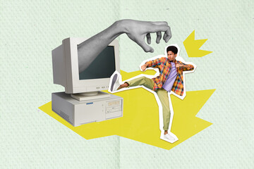 Creative composite photo collage of serious funny guy kicking retro display with big arm resists manipulation isolated on paper background