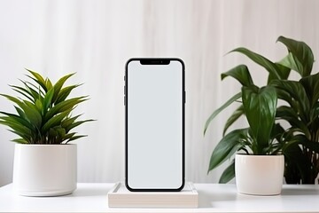 Smartphone mockup with blank screen and succulent plant on wooden table.Generative Ai