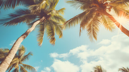 Fototapeta na wymiar Vintage Tropical Beach: Blue Sky and Palm Trees View