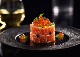 Salmon tartar with premium red caviar on black plate in fine dining restaurant.Macro.Ai Generative