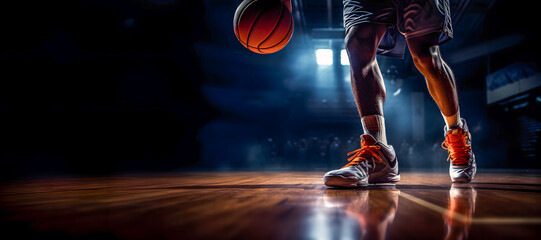 Closeup of legs of a professional basketball player in a sport hall with dramatic light. Copy space - obrazy, fototapety, plakaty