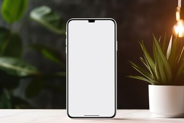 Smartphone mockup with blank screen and succulent plant on wooden table.Generative Ai