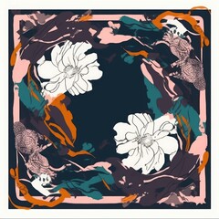 Dark scarf hand drawn modern design with flowers. Abstract fashionable  template for your design. Line art, Generative AI