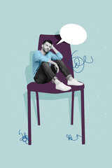 Vertical collage picture of mini black white colors unsatisfied guy sit big painted chair mind...