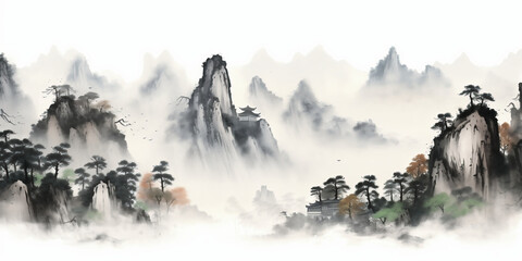 landscape with fog, Ink landscape painting in Chinese style and watercolor landscape painting of gentle mountains