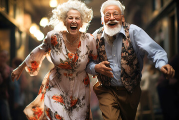 Happy elegant elderly couple running