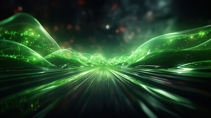 Abstract futuristic background with green glowing neon moving high speed wave lines. Generative Ai - obrazy, fototapety, plakaty
