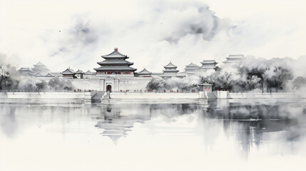 landscape with china old city and river, Ink landscape painting in Chinese style and watercolor landscape painting of gentle mountains, china town - obrazy, fototapety, plakaty