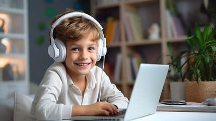 School child studying homework during online lesson at home by laptop with headphones, online education and tutoring concept