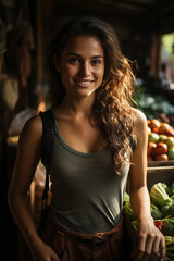 Fototapeta na wymiar portrait of one beautiful woman at the market shopping sell vegetable