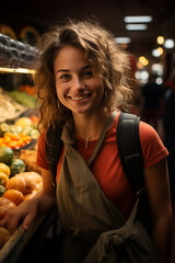 portrait of one beautiful woman at the market shopping sell vegetable