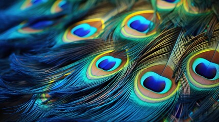 Colorful exotic background of bright purple and blue peacock feathers