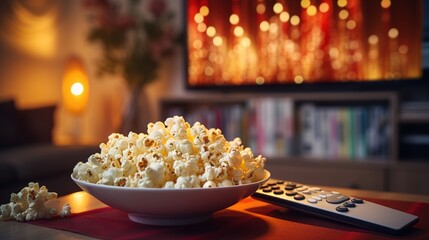 Popcorn in a glass bowl and remote control in front of the TV in a home interior. Watching TV shows...