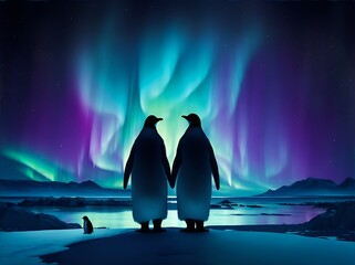 Silhouettes of a penguin couple gazing at each other under an aurora borealis sky