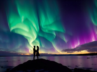Silhouettes of a couple gazing at each other under the aurora borealis sky
