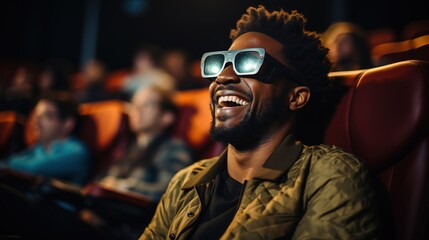 Obraz premium African american man spectacled watching film premiere in cinema. Sitting in the auditorium. Entertainment concept