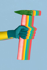 Promo picture illustration collage of arm hold colorful rainbow hammer clap beat create...