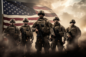 the us army soldiers stand with an American flag behind them, war scenes