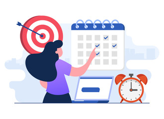 Effective time management flat illustration vector concept, Female character organizing monthly schedule, Planning calendar appointments, Organizing work tasks, daily events, business meetings, 