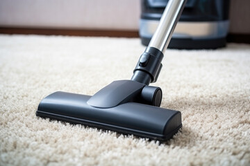 Vacuuming carpet with vacuum cleaner close up. Housework service.
