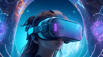 Woman wearing virtual reality headset, interacting seamlessly with digital elements in a futuristic metaverse. Generative AI