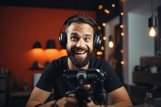 Young man host in headphones enjoying podcasting in his home studio. Handsome podcaster laughing while streaming live audio podcast