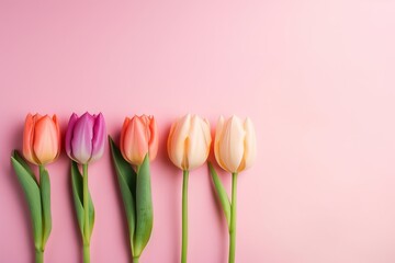 Four tulips in a row on a pink background