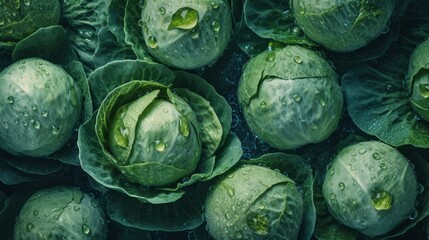 ripe green cabbage closeup with raindrops food photography - obrazy, fototapety, plakaty