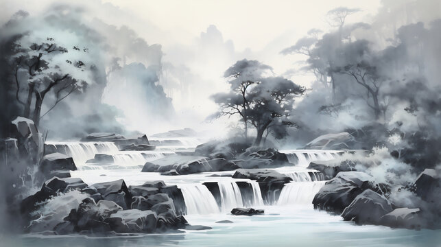 landscape with waterfall, Ink landscape painting in Chinese style and watercolor landscape painting of gentle mountains, china town
