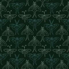 Hand drawn seamless pattern of moths butterflies in dark sage green colors. Neutral pastel butterfly design, trendy style in faded vintage print, luna moth death head insects bugs, nature realistic.
